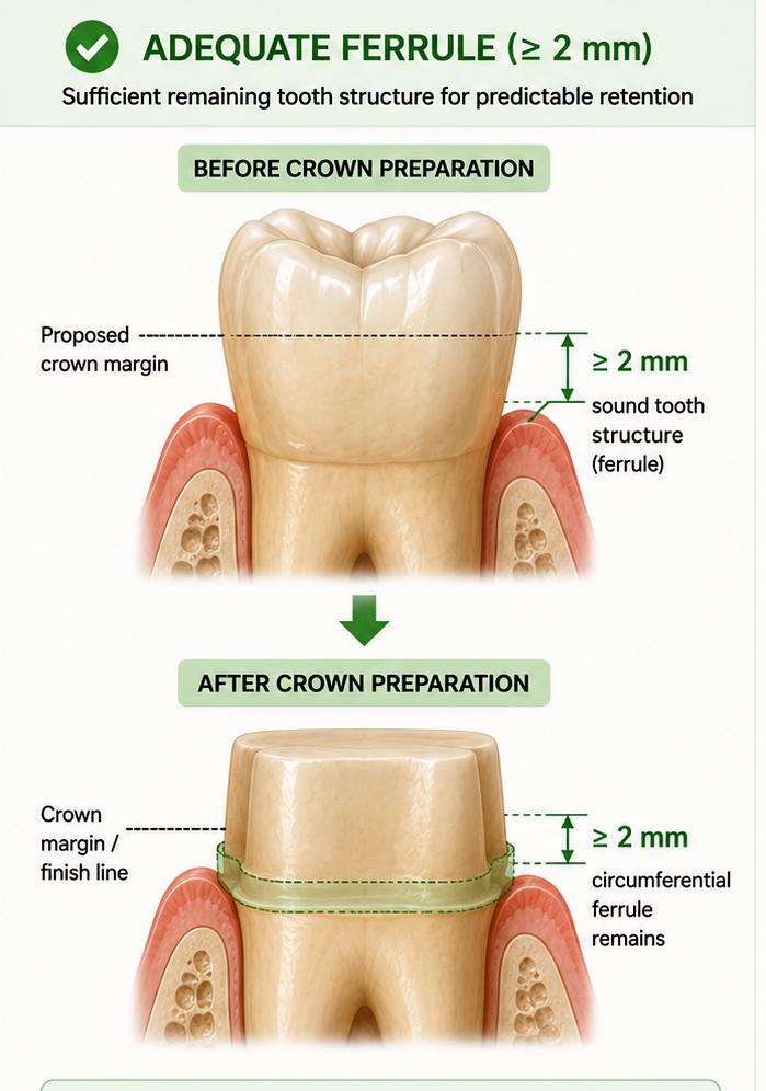 Clinical illustration of a mandibular molar demonstrating an adequate circumferential ferrule of at least 2 mm before and after crown preparation. The image illustrates sufficient remaining coronal dentine to establish a predictable ferrule effect, improving structural integrity, fracture resistance, and long-term support for definitive coronal restoration following root canal treatment. Demonstrates ferrule assessment as a key prognostic factor favouring tooth preservation in evidence-based clinical decision making.