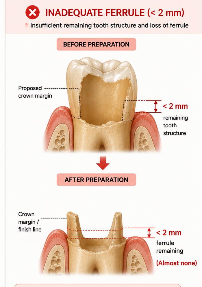 Clinical illustration of a mandibular molar demonstrating an inadequate ferrule effect with less than 2 mm of remaining circumferential coronal dentine before and after crown preparation. The image illustrates loss of structural tooth tissue, inability to establish a clinically meaningful ferrule effect, reduced fracture resistance, compromised restorative prognosis, and decreased long-term predictability following root canal treatment. Demonstrates inadequate ferrule assessment as a major prognostic factor that may favour tooth extraction when predictable restoration cannot be achieved.
