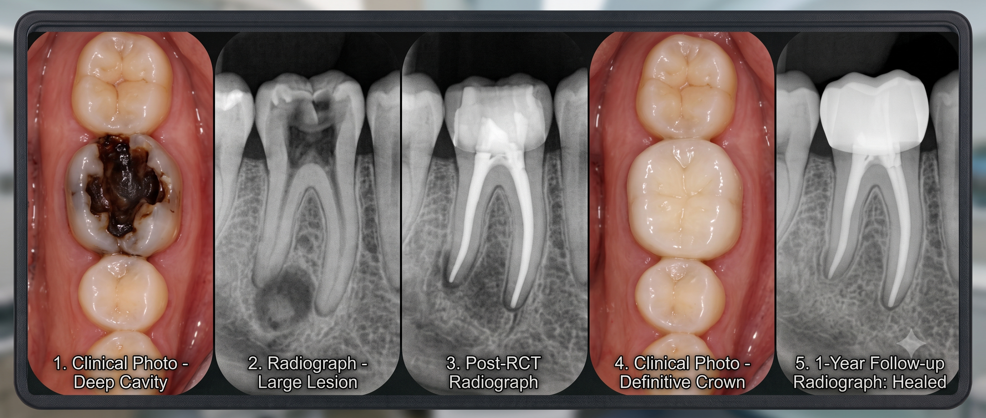 Five images showing one tooth's journey: a clinical photo of a deep cavity, a radiograph of the large infection, a radiograph after root canal treatment, a clinical photo of the finished crown, and a 1-year follow-up radiograph showing the bone has fully healed.