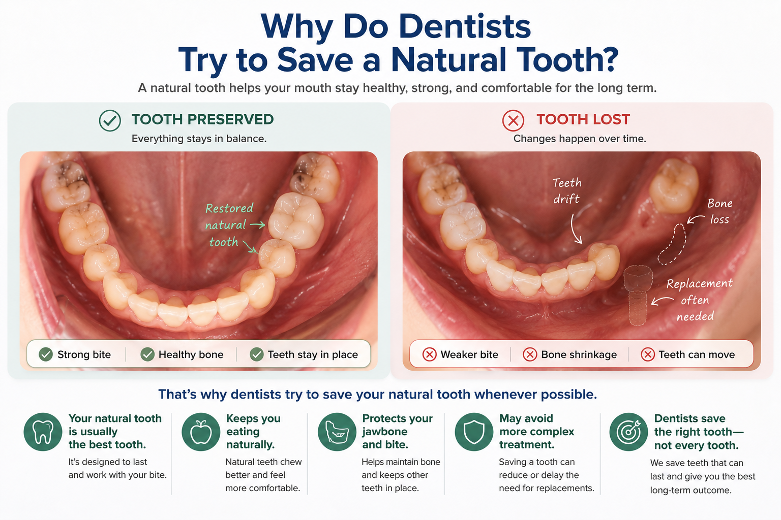 Why do dentists try to save a natural tooth? infographic