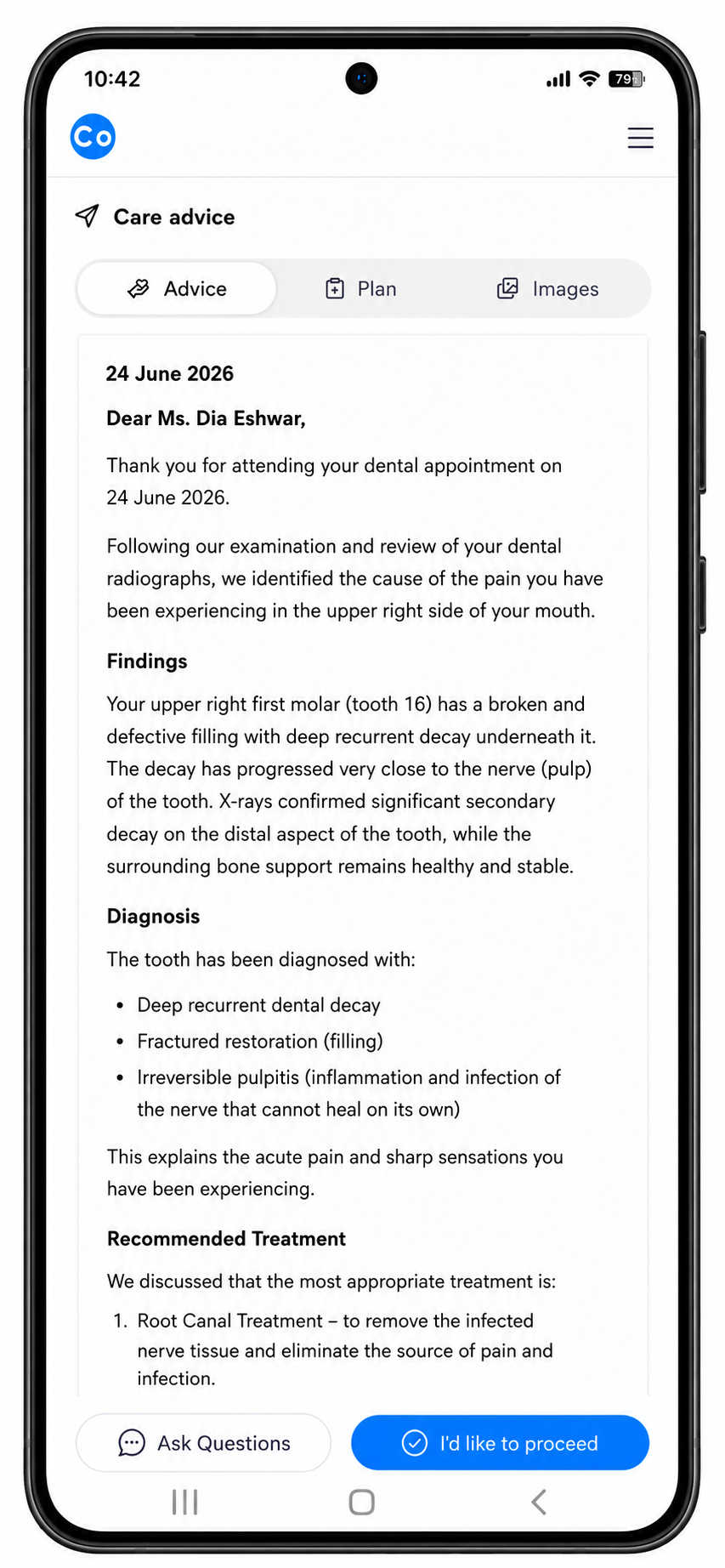 CoTreat Patient Care Pack mobile interface displaying an AI-generated personalized treatment summary following a dental consultation. The care pack explains radiographic findings, diagnosis, root canal treatment recommendations, and post-consultation advice in patient-friendly language, enabling patients to review their treatment plan, ask questions, and make informed decisions. Demonstrates AI-assisted patient education, digital care packs, chairside communication, and personalized dental treatment planning.