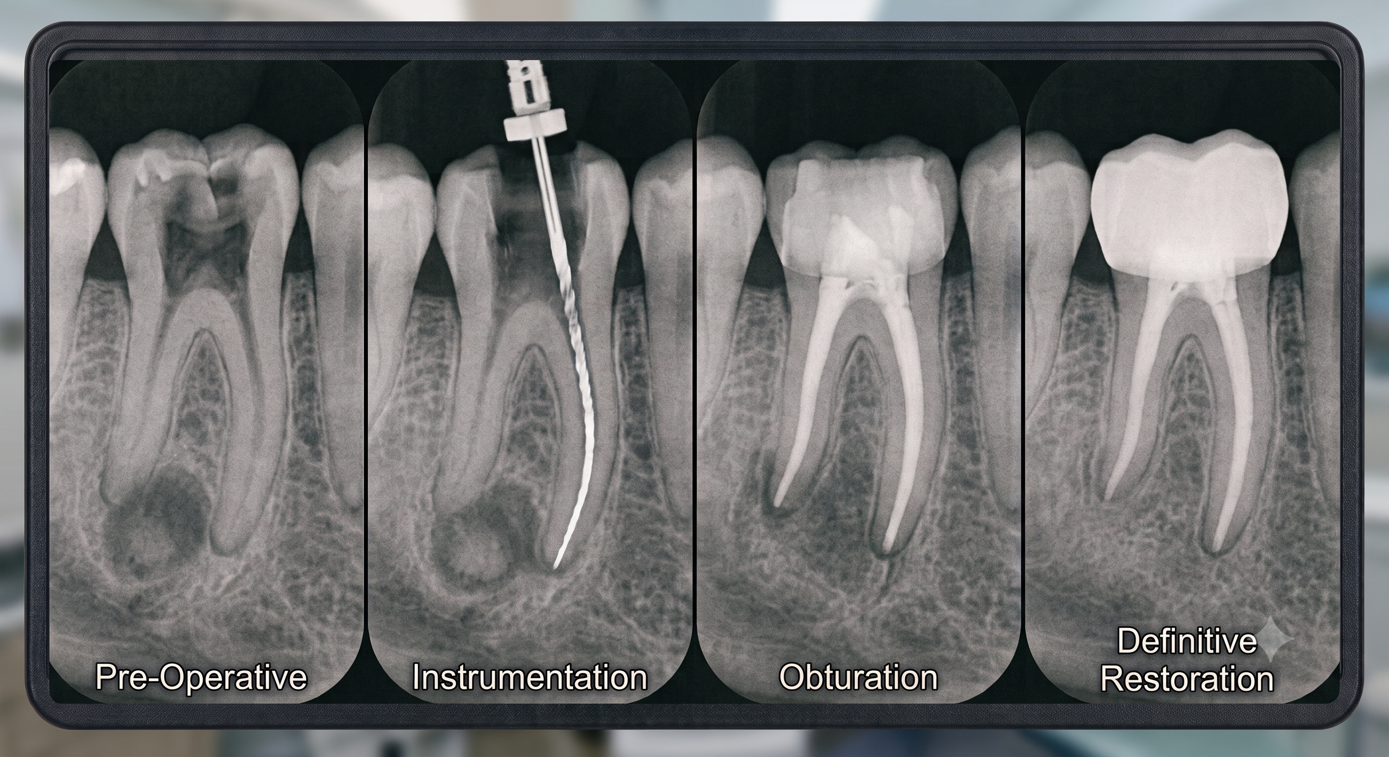 Sequence of four periapical radiographs showing a root canal treatment progressing from pre-operative diagnosis through instrumentation, obturation, and definitive coronal restoration.