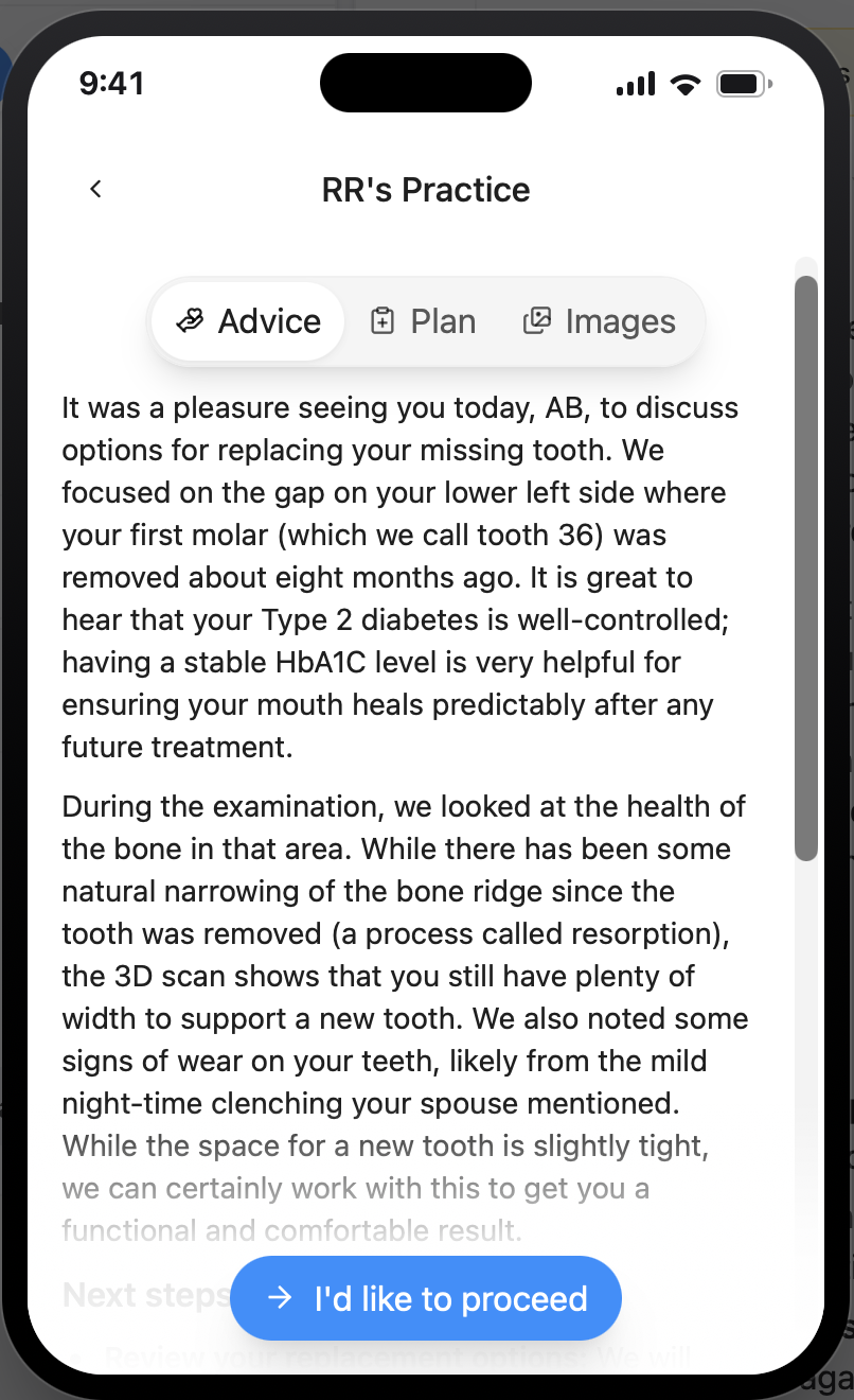 CoTreat Patient Care Pack mobile interface showing the patient-facing version of an implant consultation letter, explaining in plain language the missing tooth, well-controlled diabetes, CBCT bone assessment, and a button to indicate the patient would like to proceed with the recommended replacement options. Demonstrates patient-friendly, mobile communication of implant candidacy findings and next steps.