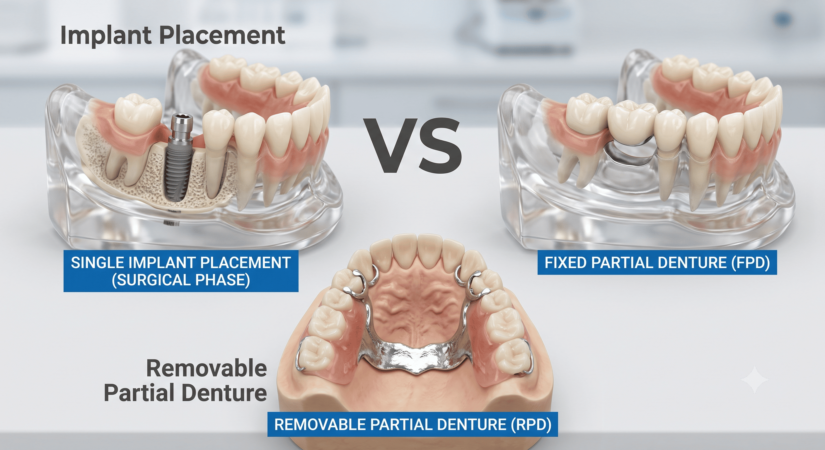 Comparison illustration of three restorative options for a missing lower molar: single implant placement during the surgical phase with the fixture visible in the alveolar bone, a tooth-supported fixed partial denture bridging the gap, and a removable partial denture with metal clasps. Demonstrates how implant candidacy assessment should begin by comparing implant treatment against fixed and removable alternatives based on patient goals, function, and maintenance capacity.