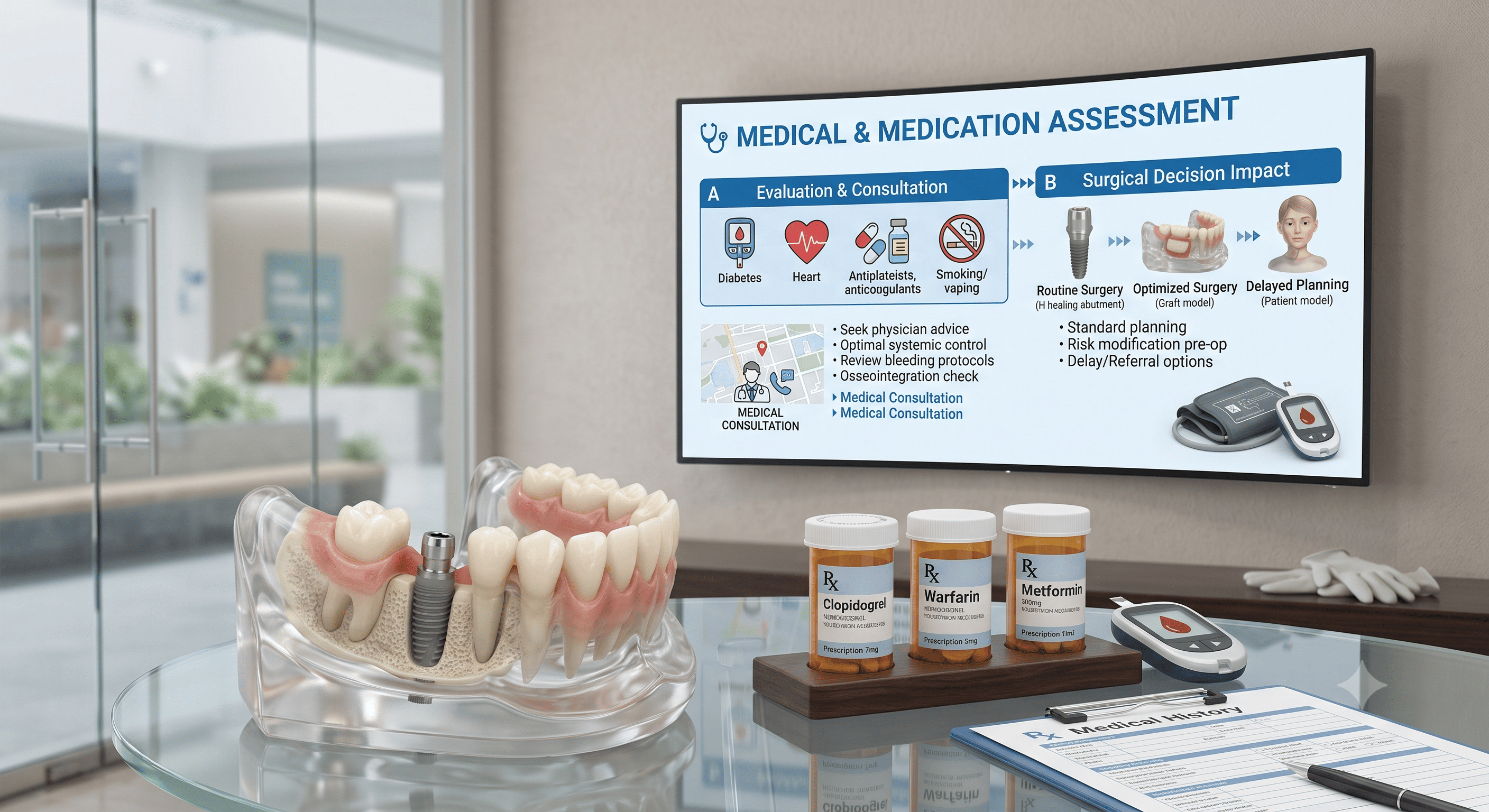 Chairside medical and medication assessment display showing evaluation domains including diabetes, cardiac history, antiplatelet and anticoagulant medications, and smoking or vaping status, linked to surgical decision impact pathways of routine surgery, optimised surgery, or delayed planning, alongside prescription bottles for clopidogrel, warfarin, and metformin. Demonstrates how medical and medication risk factors are screened and translated into implant surgical planning decisions.