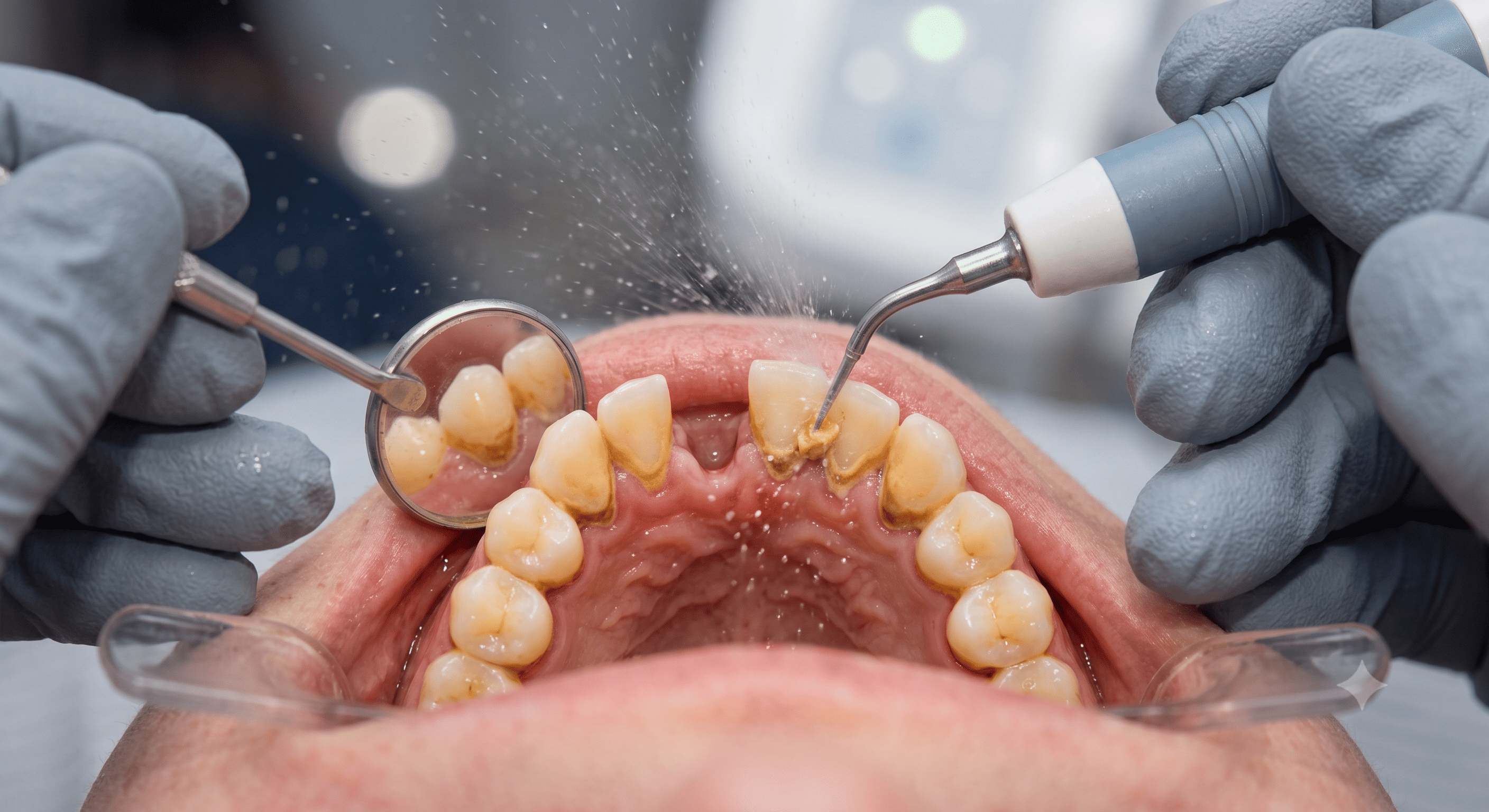 Close-up intraoral photograph of the upper arch during a periodontal examination, showing generalised plaque and calculus deposits along the gingival margins of the anterior and posterior teeth, with a mouth mirror and ultrasonic scaler tip in position and water spray visible. Demonstrates assessment of plaque control, periodontal status, and oral hygiene as prerequisites for elective implant treatment.
