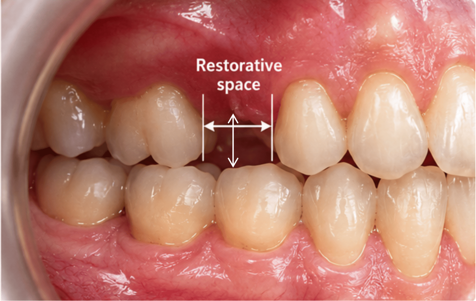 Close-up intraoral photograph of an edentulous space between two natural teeth with the mesiodistal and vertical restorative space labelled and measured using arrows. Demonstrates assessment of restorative space as a key factor determining implant position, emergence profile, and restoration design before implant placement.