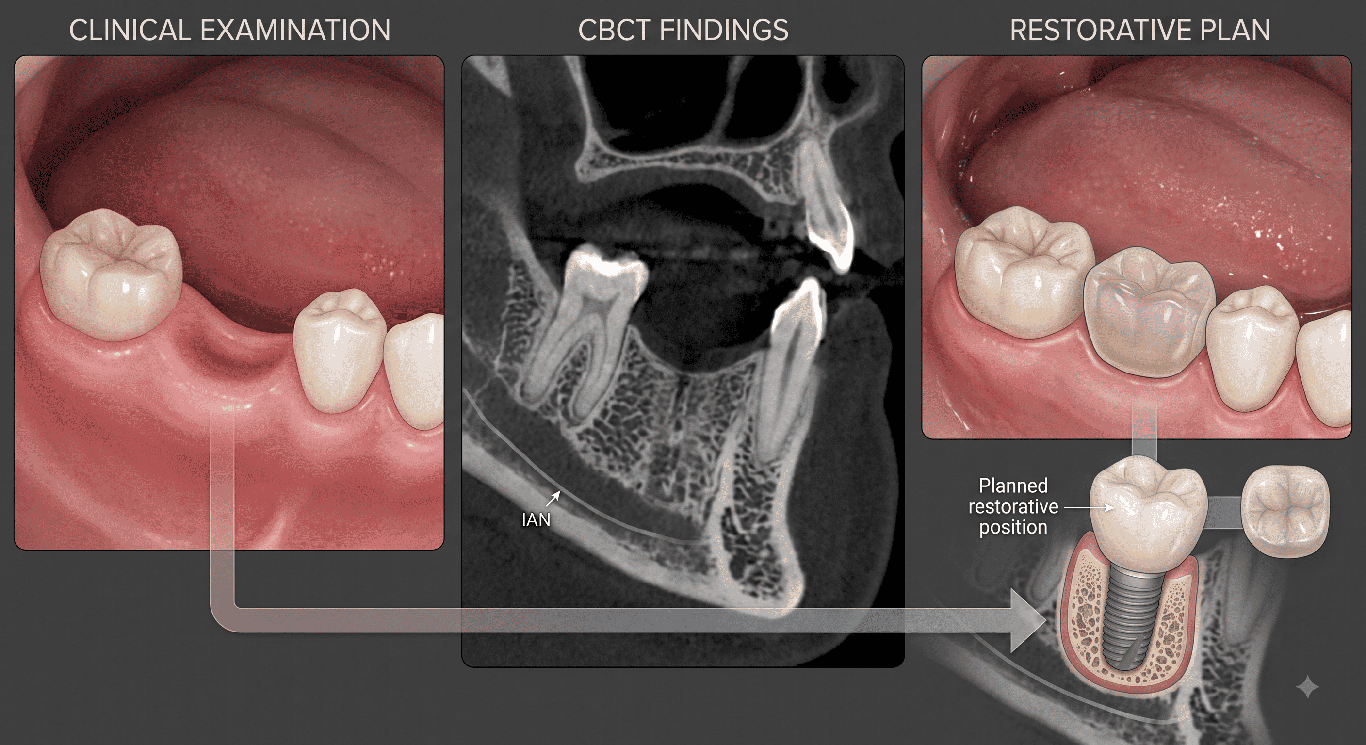 Three-panel illustration labelled Clinical Examination, CBCT Findings, and Restorative Plan, showing an edentulous ridge, a CBCT slice with the inferior alveolar nerve traced beneath adjacent roots, and the planned restorative crown position, connected by an arrow into one integrated implant placement outcome. Demonstrates how CBCT findings are interpreted together with the clinical examination and restorative plan rather than in isolation.