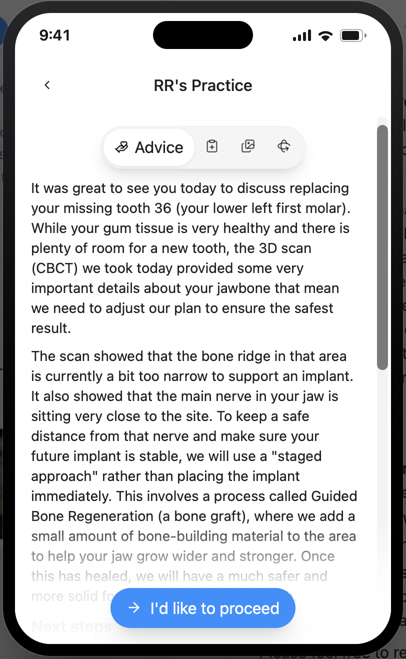 CoTreat Patient Care Pack mobile interface showing the patient-facing version of an implant consultation letter, explaining in plain language that the 3D scan showed a narrow bone ridge and a nearby nerve requiring a staged bone-grafting approach, alongside a button for the patient to indicate they would like to proceed. Demonstrates patient-friendly, mobile communication of CBCT findings and next steps.