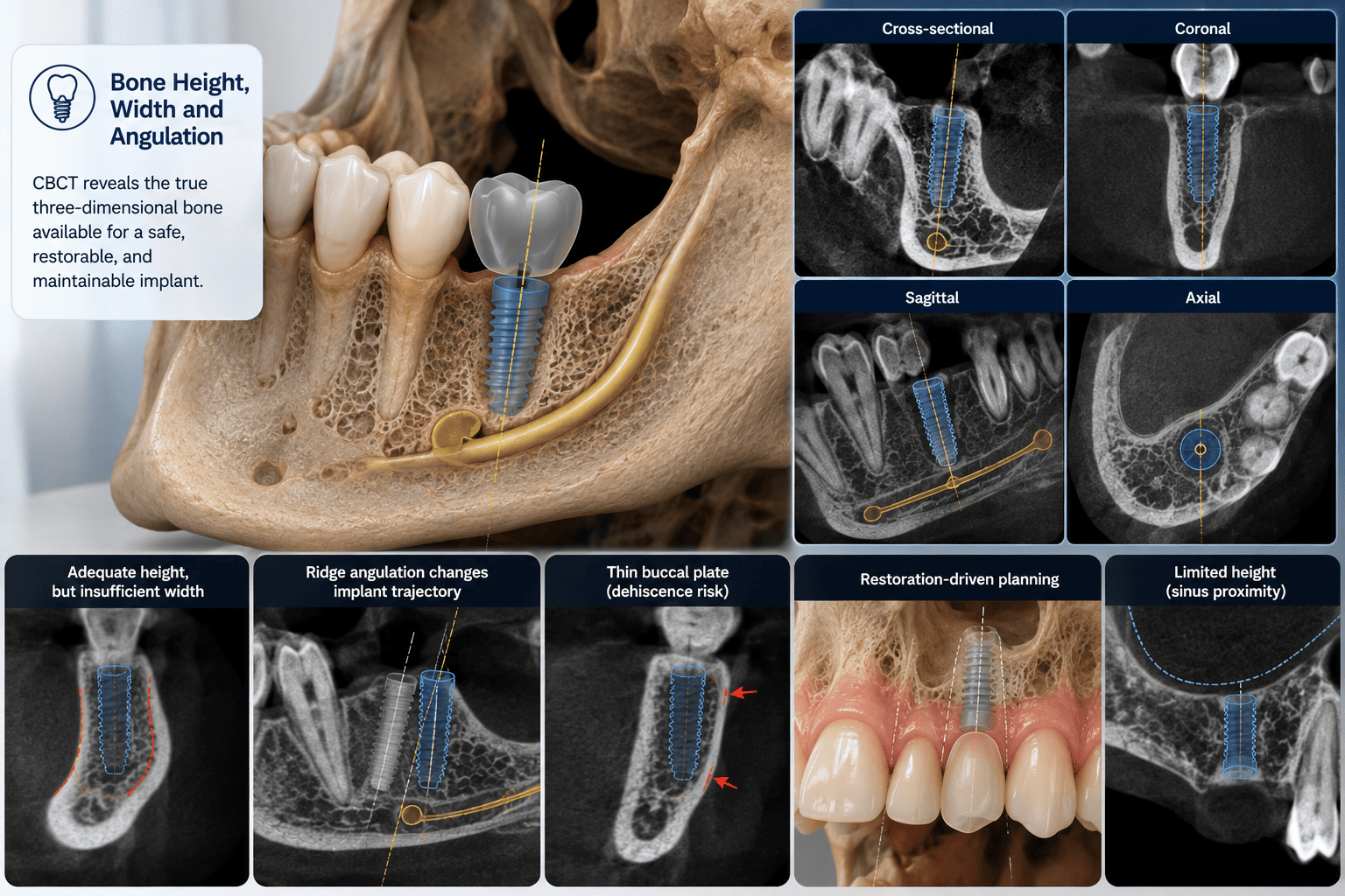 CBCT multiplanar views (cross-sectional, coronal, sagittal, and axial) of a mandibular implant site with bone height, width, and angulation measured against the planned implant, alongside comparison panels labelled adequate height but insufficient width, ridge angulation changing the implant trajectory, thin buccal plate with dehiscence risk, restoration-driven planning, and limited height from sinus proximity. Demonstrates three-dimensional evaluation of bone availability before determining implant position and dimensions.