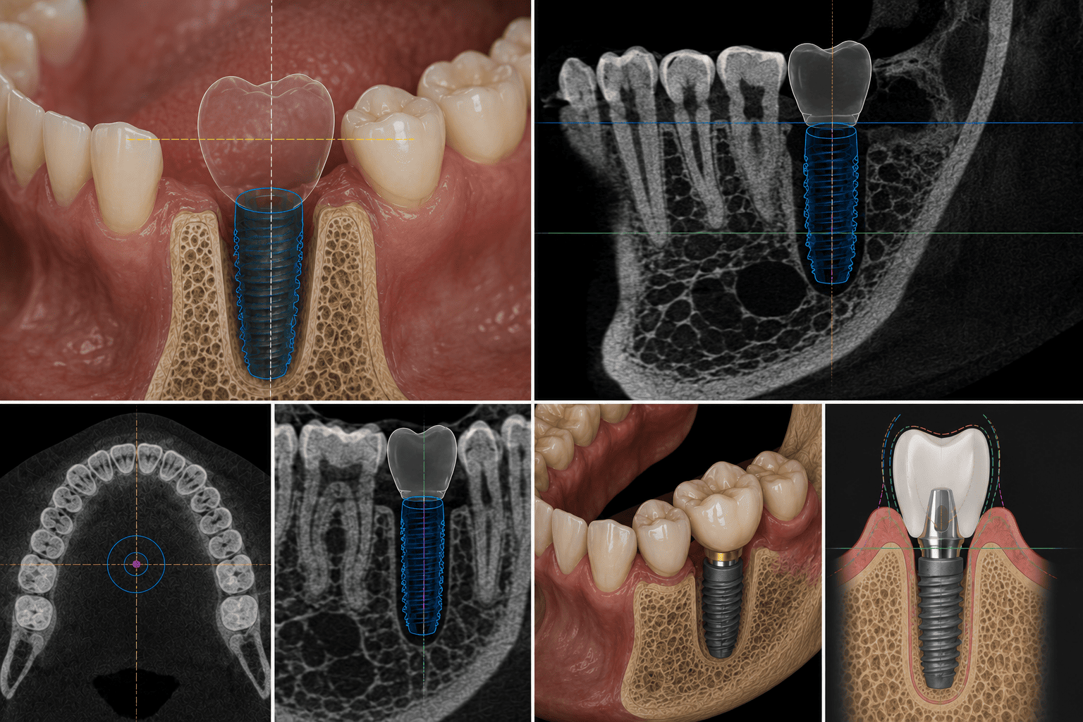 CBCT implant planning views showing a translucent digital restorative crown positioned above the implant across intraoral, sagittal, axial, and coronal slices, with the crown's emergence profile guiding the implant position beneath it. Demonstrates restoration-driven, prosthetically guided CBCT treatment planning.
