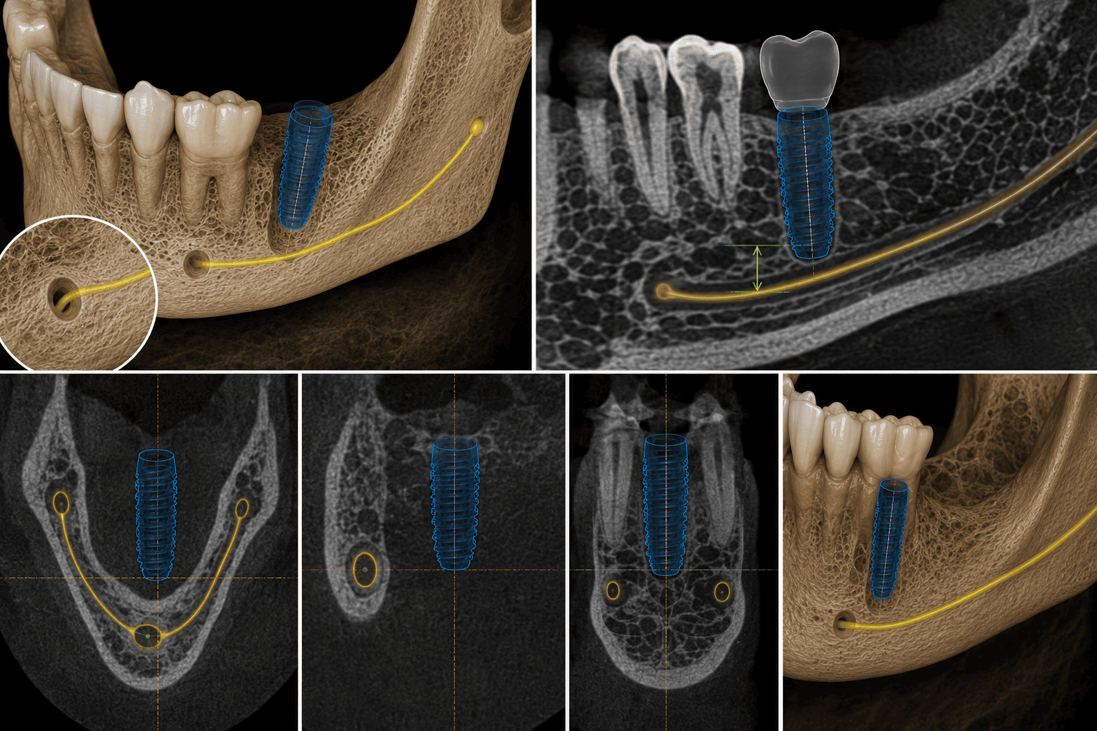 3D CBCT reconstruction and cross-sectional views tracing the inferior alveolar canal from the mandibular foramen forward, with the measured vertical distance from the canal to the planned implant apex and axial slices showing the canal's position relative to adjacent implant sites. Demonstrates identification of the inferior alveolar canal and mental foramen to maintain a safe surgical margin.