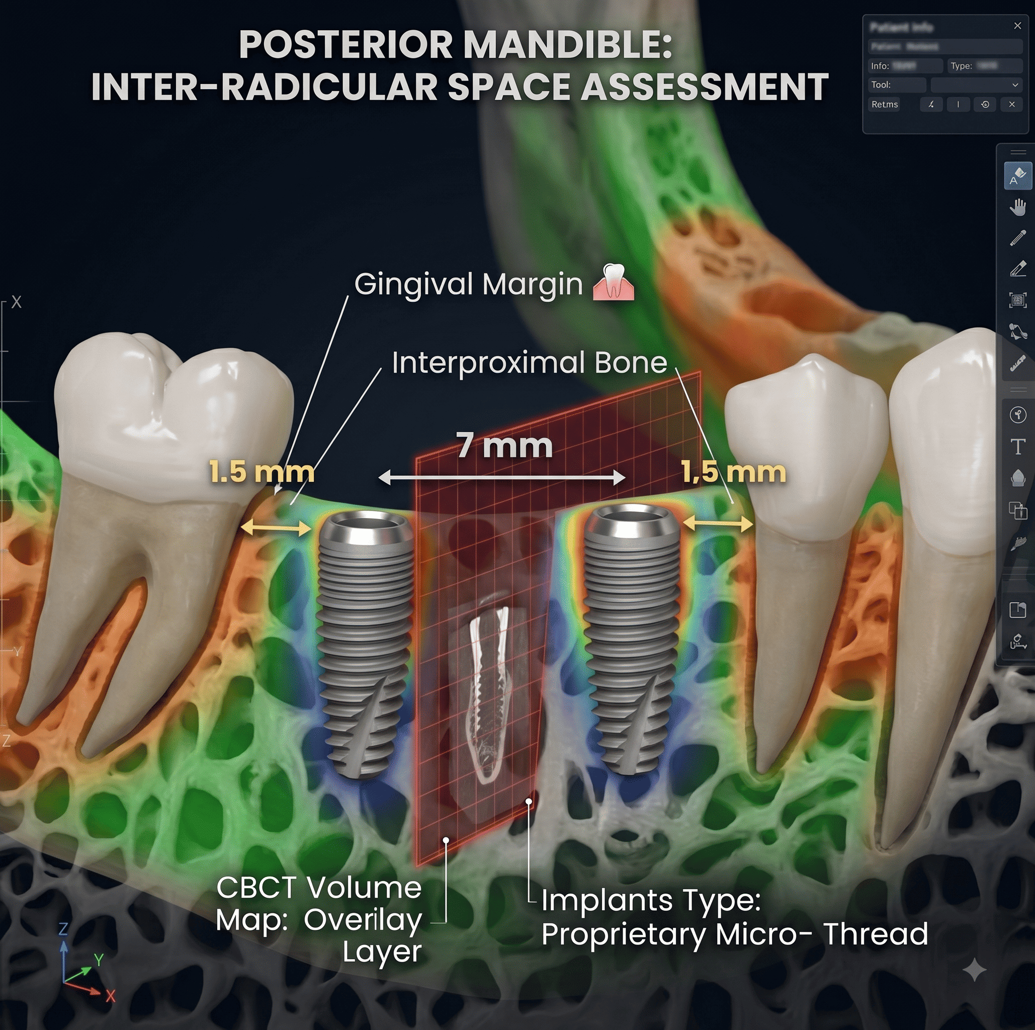 3D CBCT reconstruction of the posterior mandible showing two implants placed between adjacent tooth roots, with the inter-radicular space (7 mm) and the 1.5 mm clearance from each implant to the neighbouring root's gingival margin labelled. Demonstrates assessment of adjacent root proximity and inter-radicular space before finalising implant position.