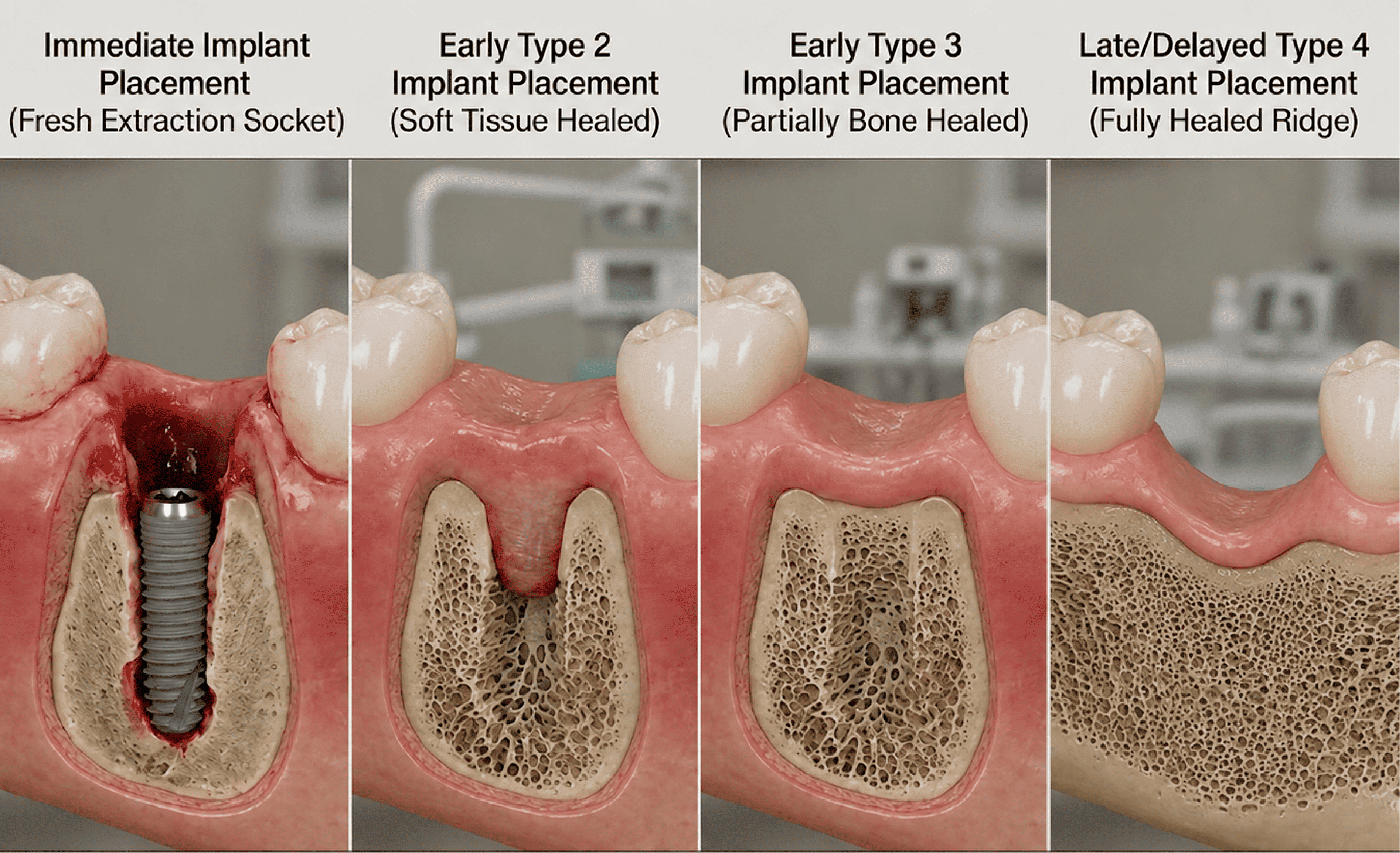 Four-panel cross-sectional comparison of implant placement timing: immediate placement into a fresh extraction socket, early Type 2 placement after soft-tissue healing, early Type 3 placement after partial bone healing, and late/delayed Type 4 placement into a fully healed ridge. Demonstrates the progressive bone fill and soft-tissue closure across the four implant timing pathways.