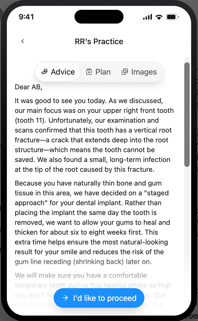 CoTreat Patient Care Pack mobile interface showing the patient-facing version of the consultation letter explaining the vertical root fracture and the staged bone-grafting approach to the implant, alongside a button for the patient to indicate they would like to proceed. Demonstrates patient-friendly, mobile communication of a timing decision and next steps.