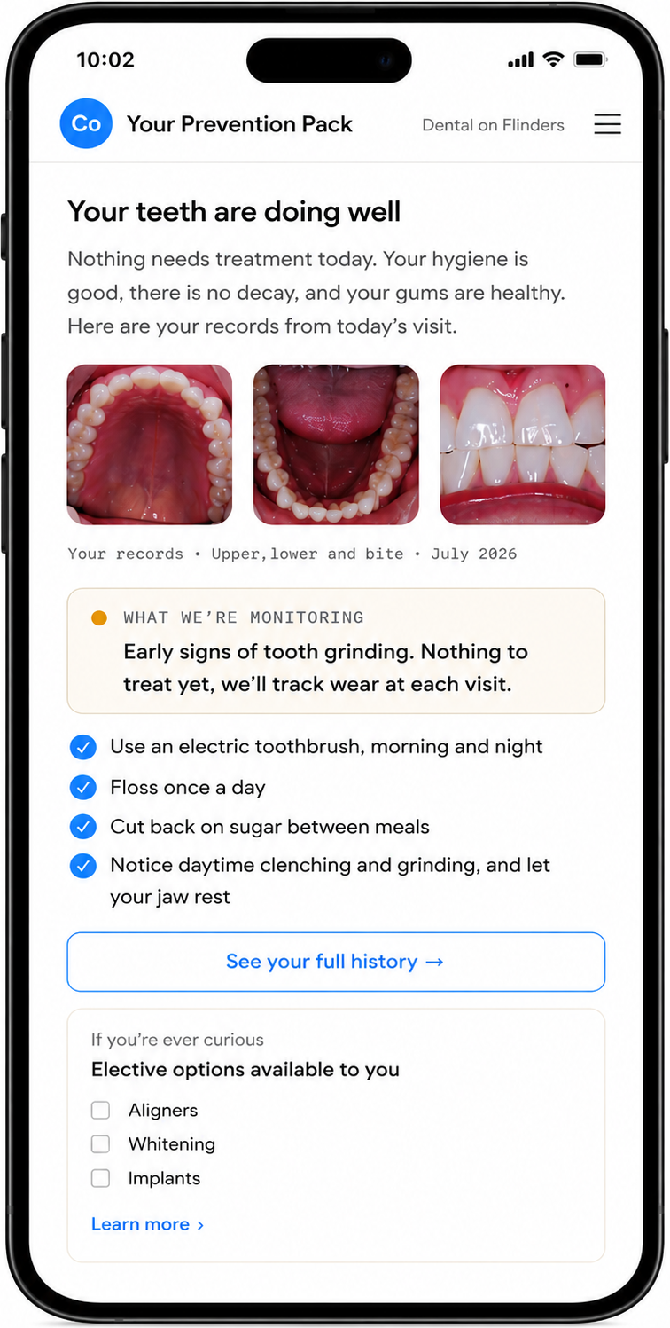 CoTreat prevention pack showing healthy teeth, upper/lower/bite record photos, and a maintenance checklist