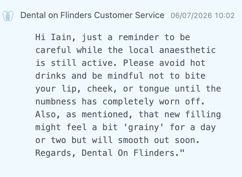 Post-treatment SMS reminder sent to a patient after a filling
