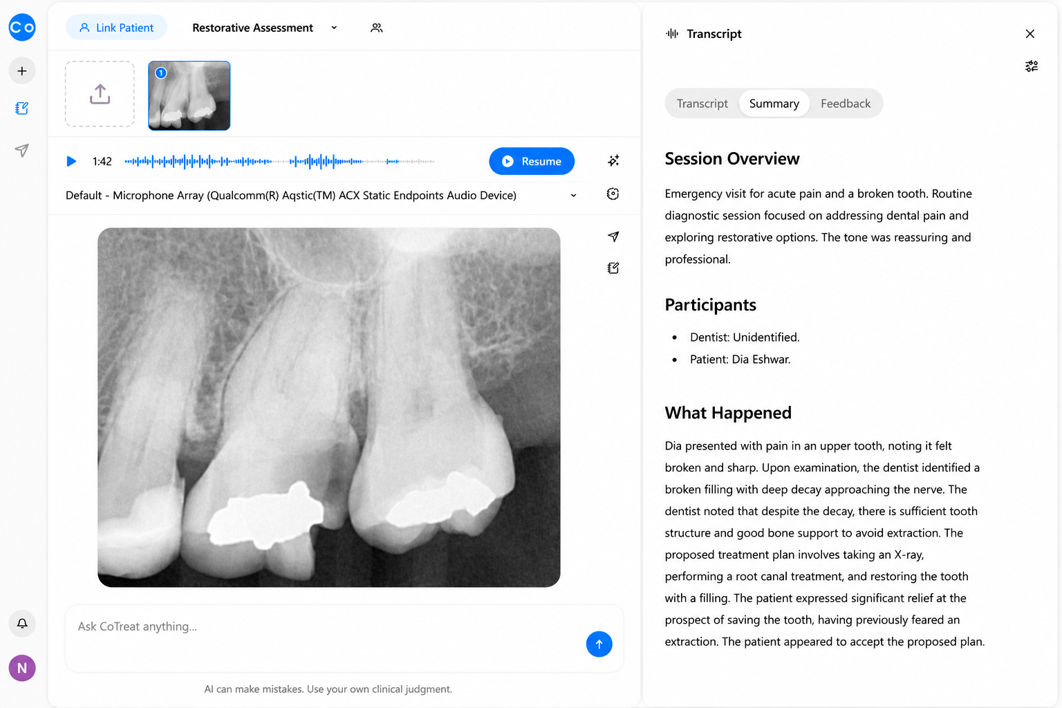 CoTreat Chairside clinical intelligence interface demonstrating AI-assisted dental documentation during a restorative assessment. The workspace combines intraoral radiographs, real-time clinical conversation transcription, and an automatically generated consultation summary describing patient presentation, diagnostic findings, proposed root canal treatment, restorative planning, and patient communication. Demonstrates multimodal clinical documentation, chairside decision support, and automated dental record generation for restorative and endodontic workflows.