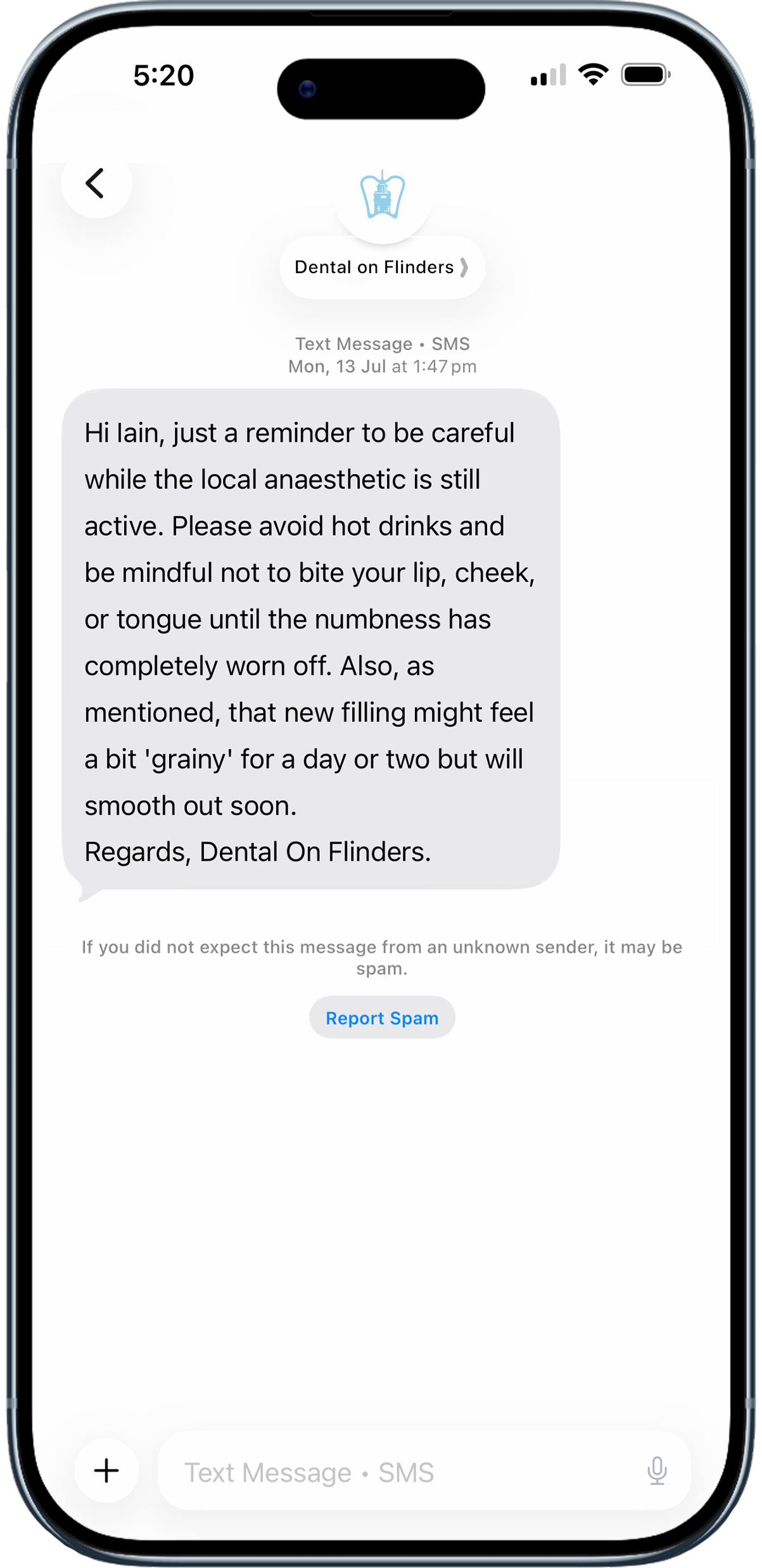 Post-treatment SMS reminder sent to a patient after a filling