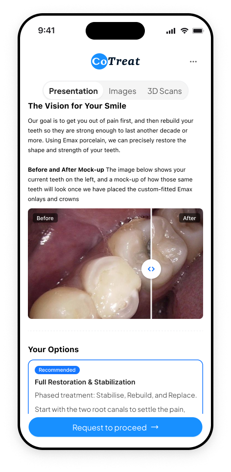 Priyanka's practice patient pack on a phone, showing a before/after comparison and an I'd like to proceed button